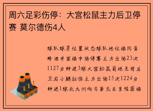 周六足彩伤停：大宫松鼠主力后卫停赛 莫尔德伤4人