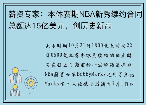 薪资专家：本休赛期NBA新秀续约合同总额达15亿美元，创历史新高