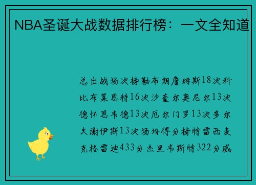 NBA圣诞大战数据排行榜：一文全知道